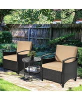 Gymax 3PCS Outdoor Wicker Bistro Set Patio Conversation Furniture Set w/ Cushions