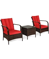 Gymax 3PCS Patio Outdoor Rattan Conversation Set Furniture Set w/ Table Cushions
