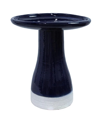 21" H Ceramic Bird Bath for Outside - Hand-Painted Outdoor Bird Bath Bowl, Uv/Frost-Resistant Finish - Midnight Blue - Ribbed Pedestal