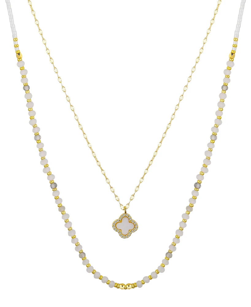 Unwritten Labradorite Stone Mother of Pearl and Cubic Zirconia Clover Layered Necklace Set