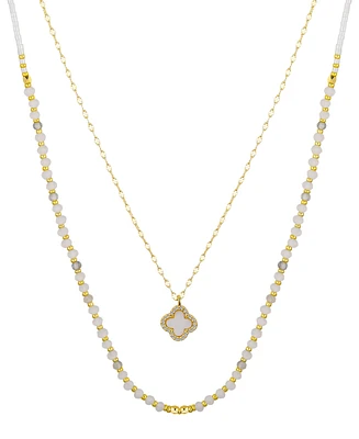 Unwritten Labradorite Stone Mother of Pearl and Cubic Zirconia Clover Layered Necklace Set