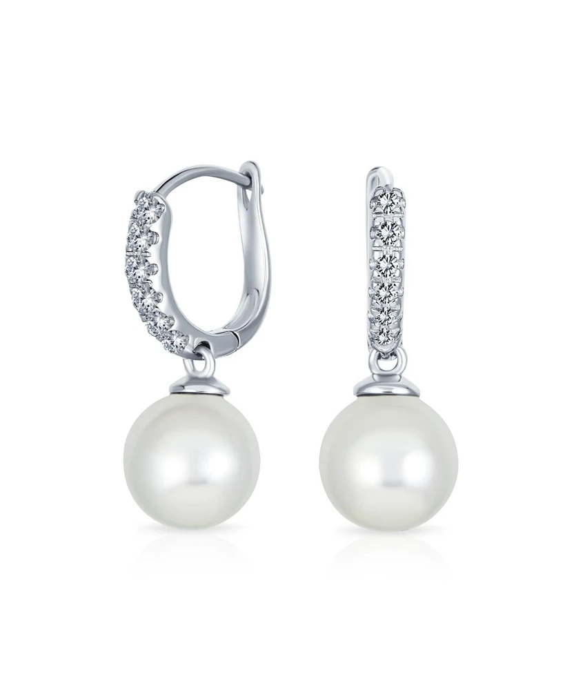 Bling Jewelry Simple Pave Cz Round White Simulated Pearl Drop Ball Huggie Earrings .925 Sterling Silver Hinge Closure