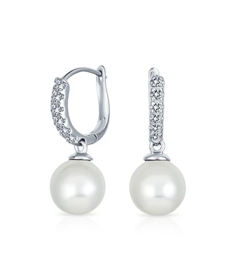 Bling Jewelry Simple Pave Cz Round White Simulated Pearl Drop Ball Huggie Earrings .925 Sterling Silver Hinge Closure