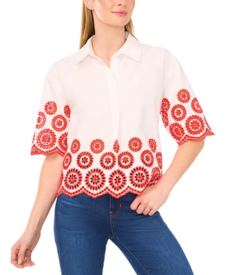 CeCe Women's Contrast Embroidered Cotton Collared Shirt