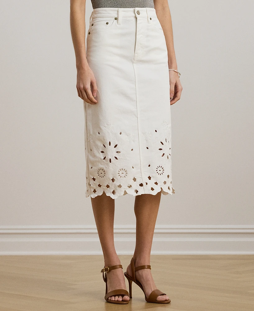 Lauren Ralph Petite Eyelet Denim Midi Skirt