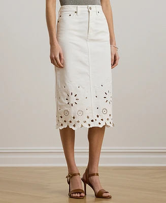 Lauren Ralph Petite Eyelet Denim Midi Skirt