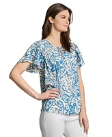 Jones New York Petite Paisley-Print Flutter-Sleeve Top