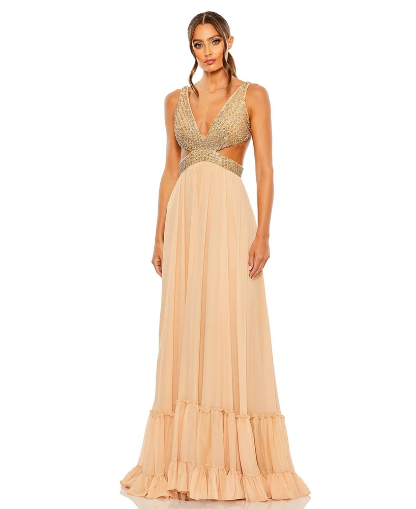 Mac Duggal Women's Lace Up Rhinestone Embellished Cut Out Gown