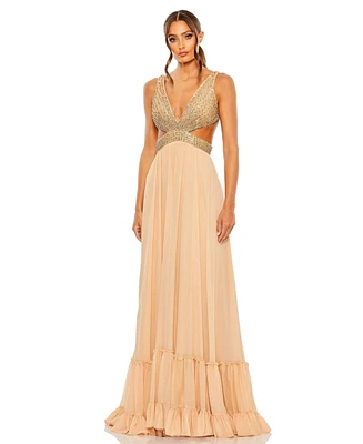Mac Duggal Women's Lace Up Rhinestone Embellished Cut Out Gown
