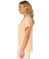 Democracy Petite Embroidered Roll-Cuff Scoop-Neck Top