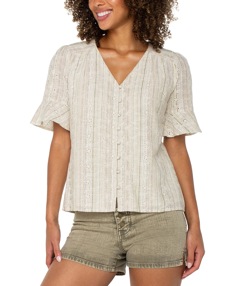 Liverpool Los Angeles Women's Striped Embroidered Cotton Linen Blouse