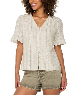 Liverpool Los Angeles Women's Striped Embroidered Cotton Linen Blouse
