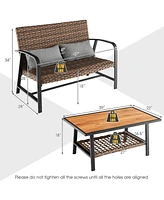 Gymax Set of 2 Rattan Loveseat Coffee Table Set w/ Padded Back Seat Pillow Patio