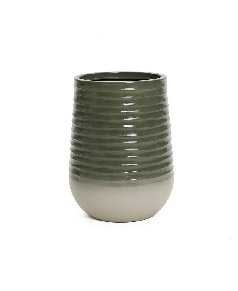 LuxenHome Emerald Ribbed Top with Ivory Bottom 20" Tall Resin Round Planter
