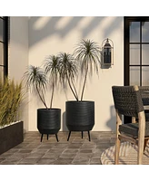 LuxenHome Set of 2 Black Round Metal Cachepot Planters with Tripod Legs