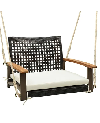 Single Rattan Porch Swing with Armrests Cushion and Hanging Ropes