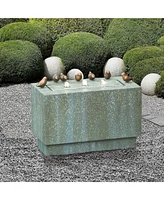 LuxenHome Patina Gray/Green Resin Rectangular Bubbler Outdoor Fountain with Led Lights and Bronze Birds