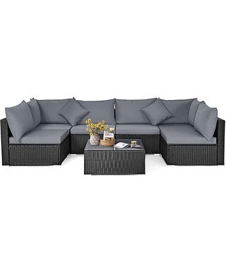 7 Pieces Sectional Wicker Furniture Sofa Set with Tempered Glass Top Coffee Table