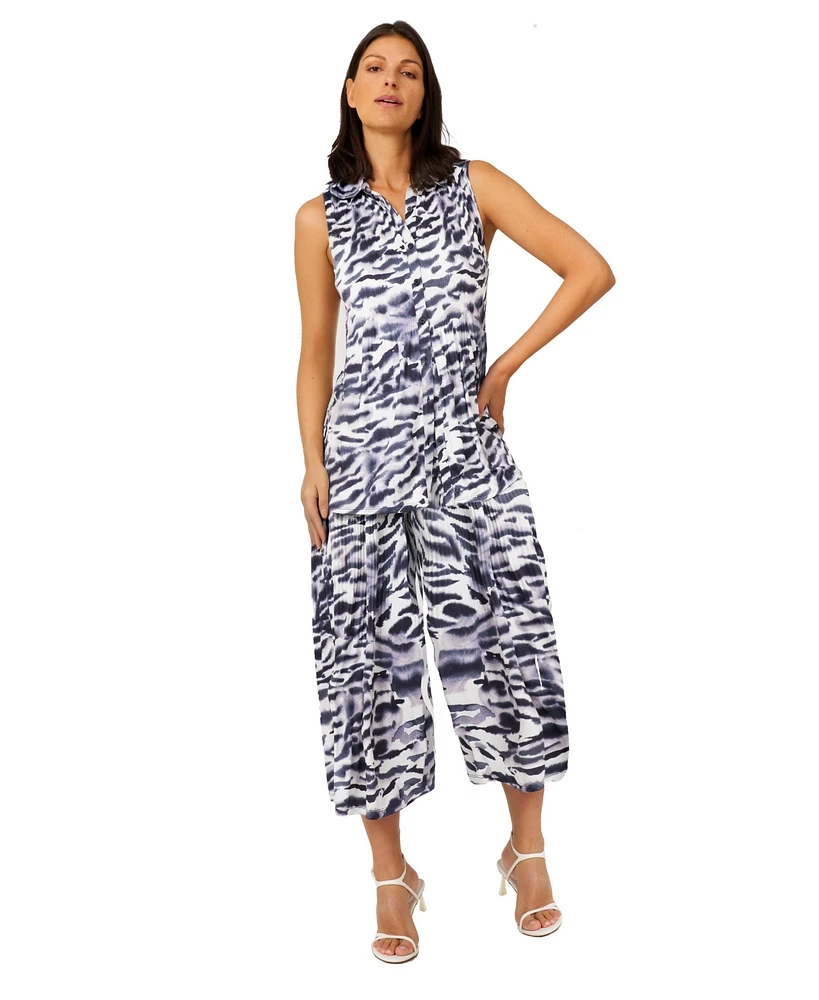 Cable & Gauge Women's Collared Sleeveless Pleated Top with Pant Matching Set