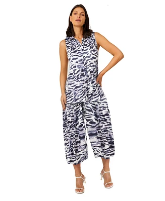 Cable & Gauge Women's Collared Sleeveless Pleated Top with Pant Matching Set