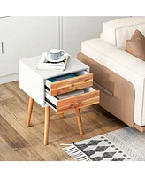 Gymax 2PCS Wooden Nightstand Mid-Century End Side Table W/2 Storage Drawers