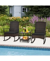 3 Piece Patio Rocking Set Wicker Rocking Chairs with 2-Tier Coffee Table