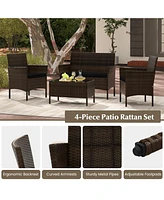 4 Piece Patio Rattan Conversation Set with Cozy Seat Cushions