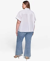 Karl Lagerfeld Paris Plus Cotton Floral-Detail Roll-Tab Shirt
