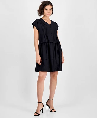 Robbie Bee Women's Short-Sleeve Pintuck Cotton Babydoll Dress