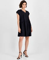 Robbie Bee Women's Short-Sleeve Pintuck Cotton Babydoll Dress