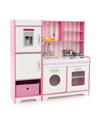 Kids Kitchen Playset Wooden Toy with Adjustable Led Lights and Washing Machine