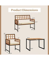 Gymax 4 Pcs Acacia Wood Patio Dining Set w/ 1 Rectangular Table 1 Loveseat & 2 Armchairs