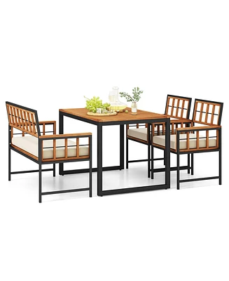 Gymax 4 Pcs Acacia Wood Patio Dining Set w/ 1 Rectangular Table 1 Loveseat & 2 Armchairs