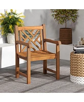 Teak Wood Patio Dining Chair with Slatted Seat Cross-Rhombus Backrest and Solid Legs