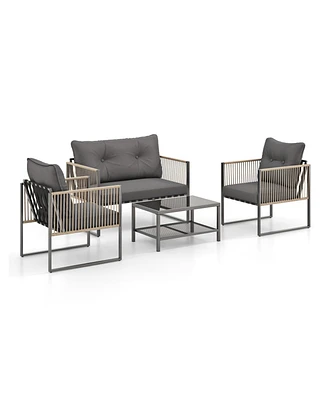 4 Pieces Outdoor Pe Rattan Conversation Sofa Set with Cushions