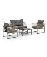 4 Pieces Outdoor Pe Rattan Conversation Sofa Set with Cushions