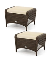 Set of 2 Outdoor Patio Pe Wicker Ottomans with Removable Cushions