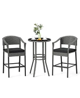 3-Piece Patio Rattan Bar Set with Tempered Glass Top for Backyard Poolside-Gray
