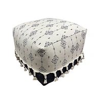 18" Natural and Navy Blue Cotton Medallion Pouf Ottoman