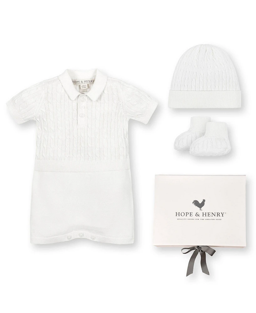 Hope & Henry Baby 4 Piece Cable Shortie Romper, Beanie, Bootie Boxed Gift Set