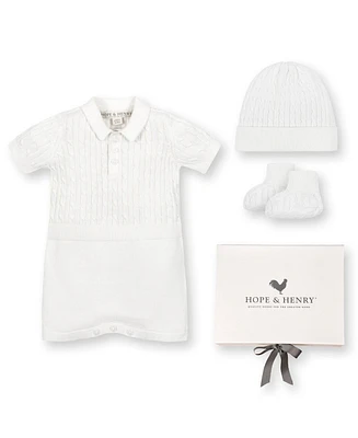 Hope & Henry Baby 4 Piece Cable Shortie Romper, Beanie, Bootie Boxed Gift Set