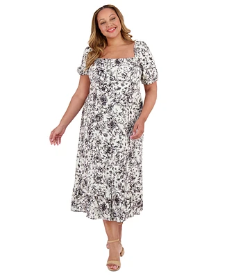 London Times Plus Printed Puff-Sleeve Maxi Dress
