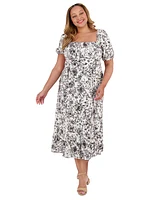 London Times Plus Size Printed Puff-Sleeve Maxi Dress