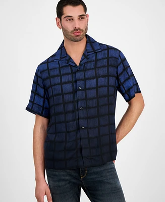 Hugo by Boss Men's Espiono Oversized Fit Short Sleeve Geo Print Button-Front Camp Shirt