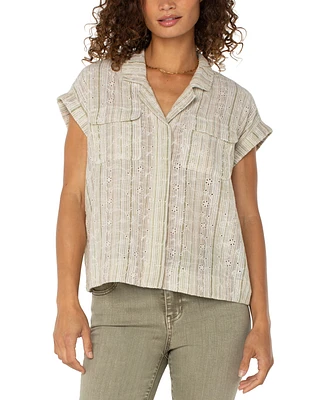 Liverpool Los Angeles Petite Striped Dolman-Sleeve Camp Shirt