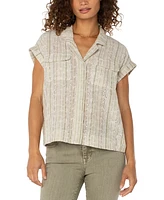 Liverpool Los Angeles Petite Striped Dolman-Sleeve Camp Shirt