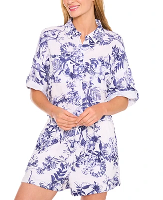 CeCe Women's Printed Cotton Collared Button-Front Shirt