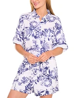 CeCe Women's Printed Cotton Collared Button-Front Shirt
