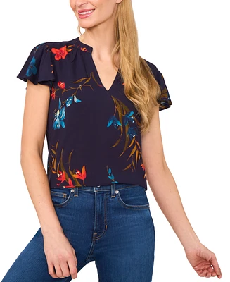 CeCe Women's Floral-Print Flutter-Sleeve Top