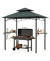 Outdoor Double-Tiered Grill Gazebo Canopy with 2 Shelves and 7 Hooks